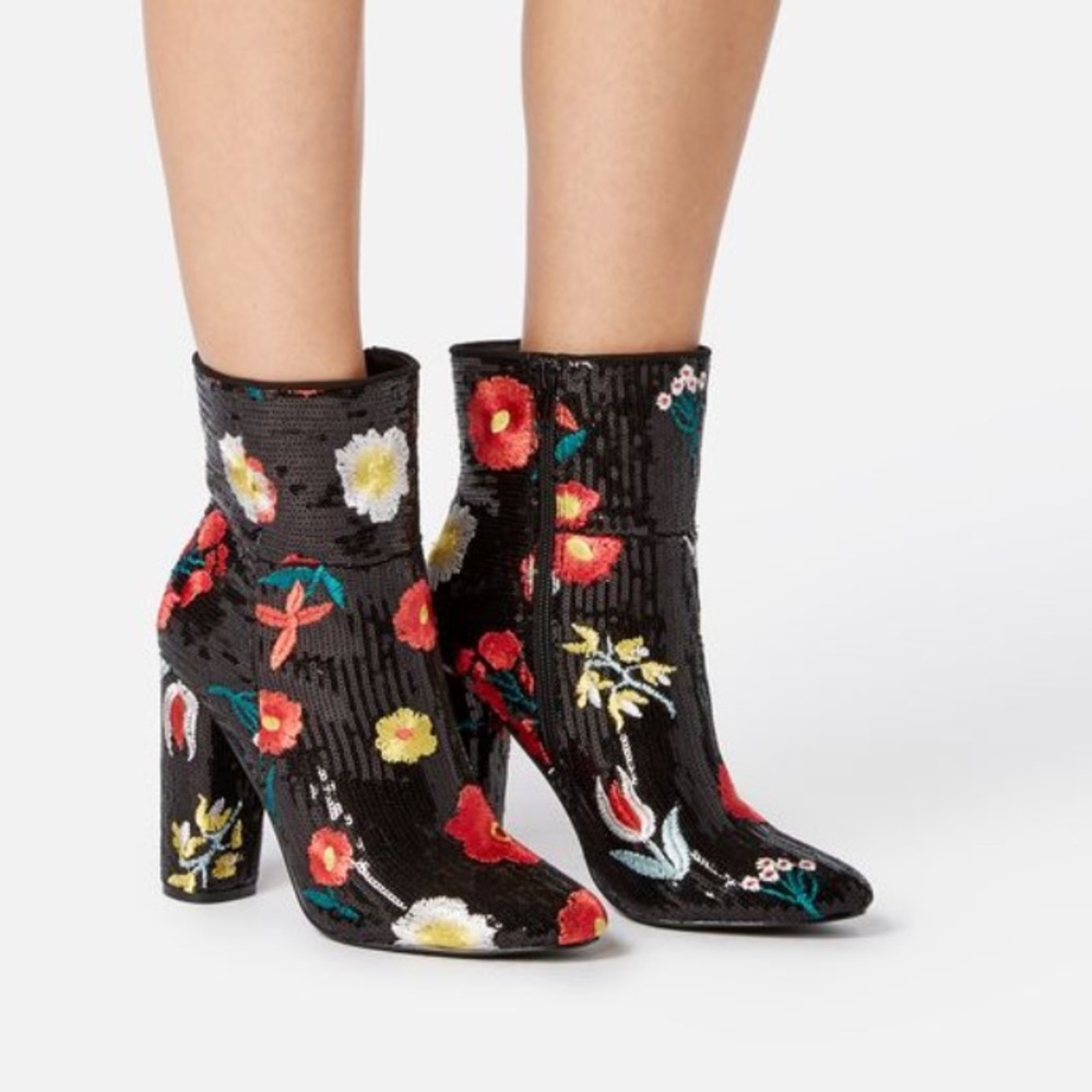 JustFab Black Floral Sequin Ankle Boots